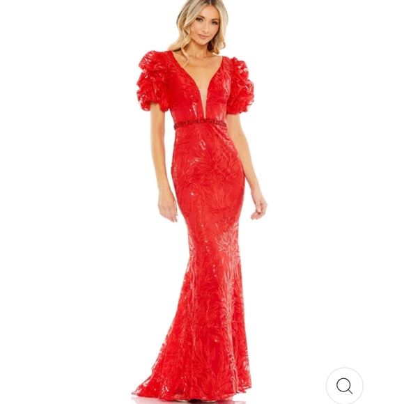 Mac Duggal EMBELLISHED PUFF SLEEVE PLUNGE NECK TRUMPET GOWN color red size4 nwot - Picture 1 of 8